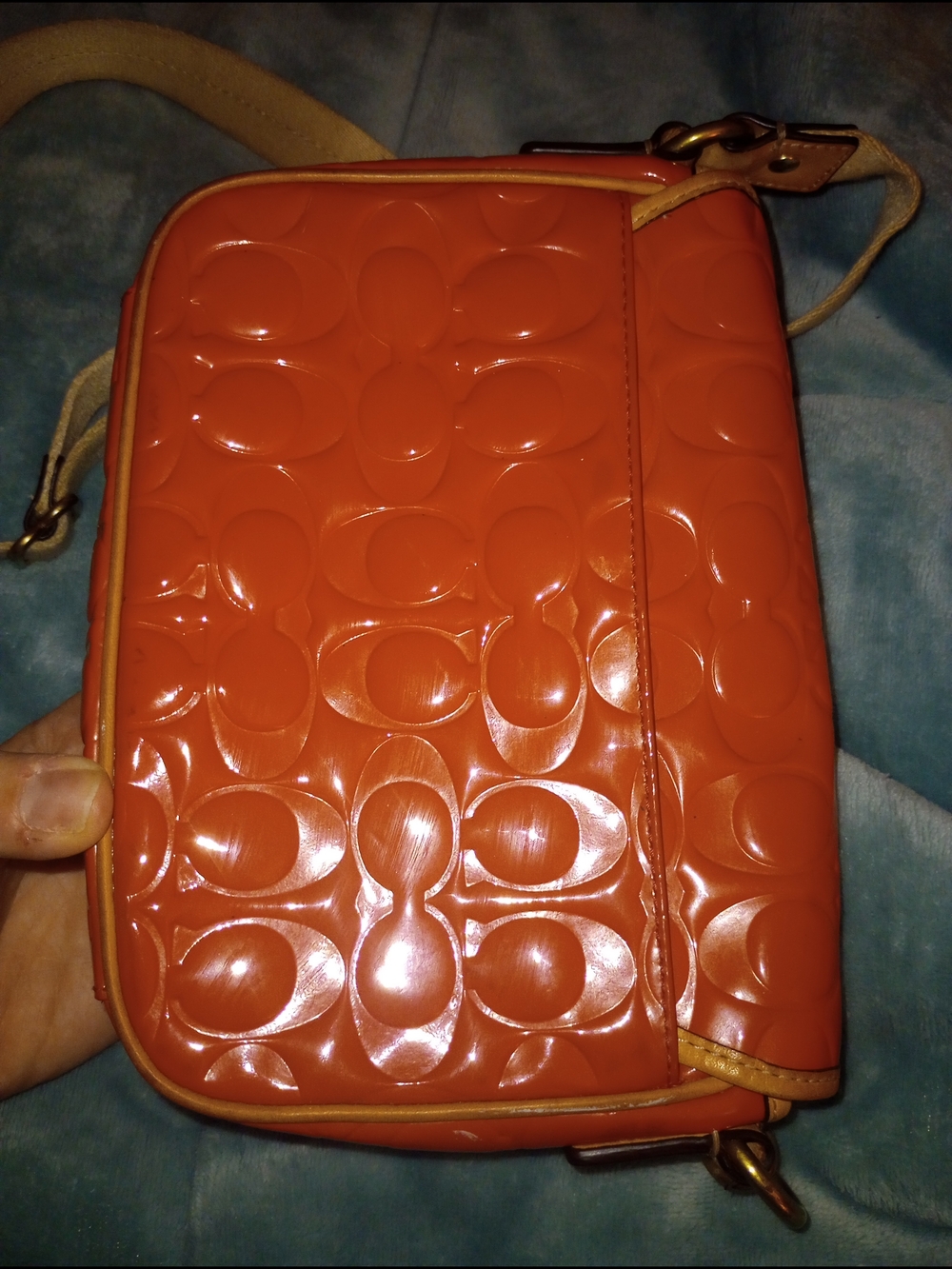 Coach F49082 Peyton Embossed Field Bag Papaya with tan strap and tan trim. - Picture 3 of 11